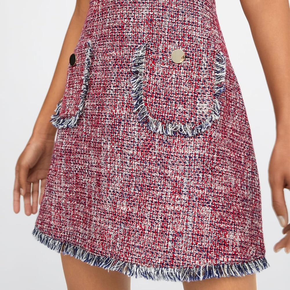 Zara Tweed Dress Red V Neck - Picture 5 of 7